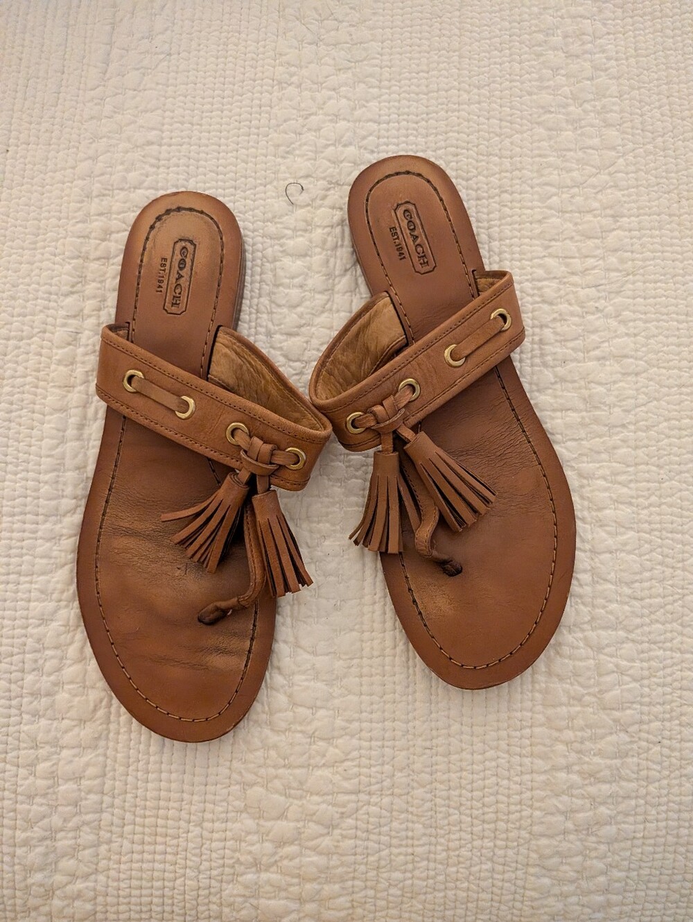 Coach Tan Leather Tassel Slide Sandals 8.5